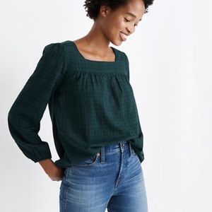 Madewell Plaid Square Neck Peasant Blouse